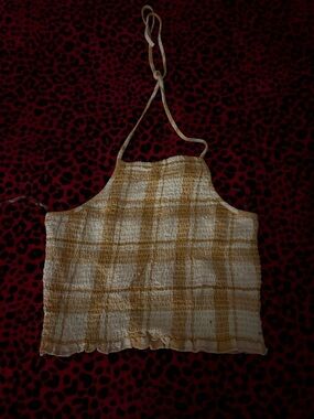 American Eagle Outfitters Cream and Mustard Plaid Halter Top